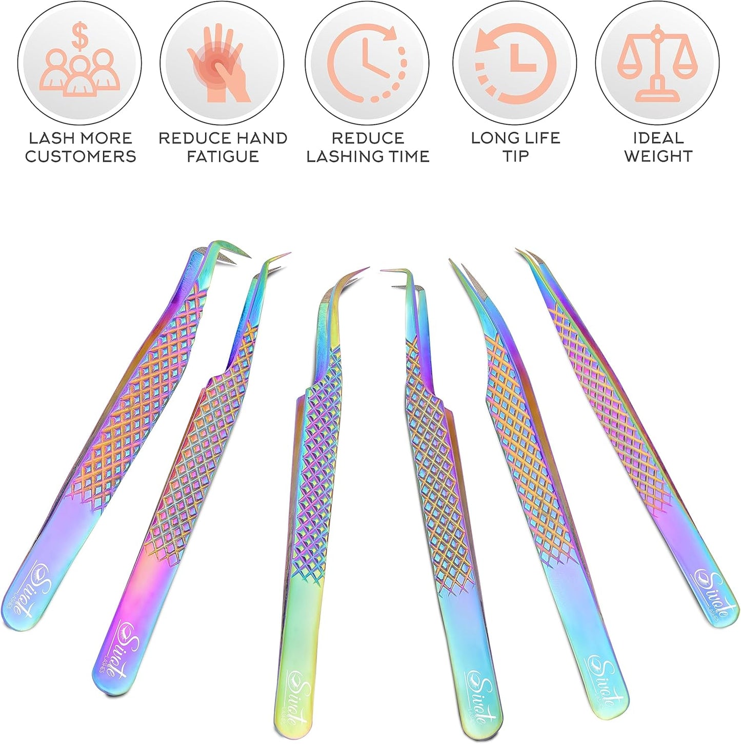 SIVOTE Eyelash Extension Tweezers Fiber Tips, Set of 6, Curved, Dolphin, 90 Degree 45 Degree, Volume Boot & Slight Curved Tweezer, Rainbow