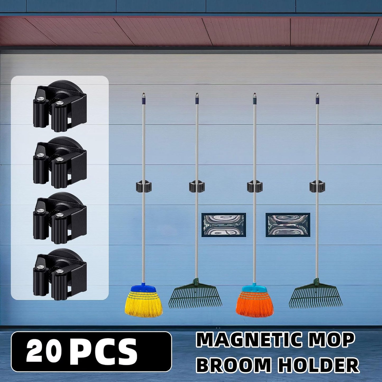 20 Pcs Magnetic Mop Broom Holder Movable Magnetic Broom Holder Rack, Anti Slip Wall Mounted Utility for Cleaning Tools, Garage, Kitchen, Laundry, Garden (Black)
