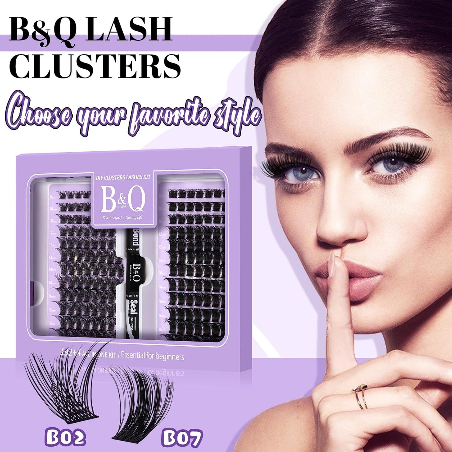 B&Q Lash Extension Kit 192 pcs Eyelash Extension Kit B02+B07 8-18mm Mixed Lash Clusters Kit Individual Lashes Kit Wispy with Lash Glue and Remover Applications Eyelash Kit (B02+B07, Kit)