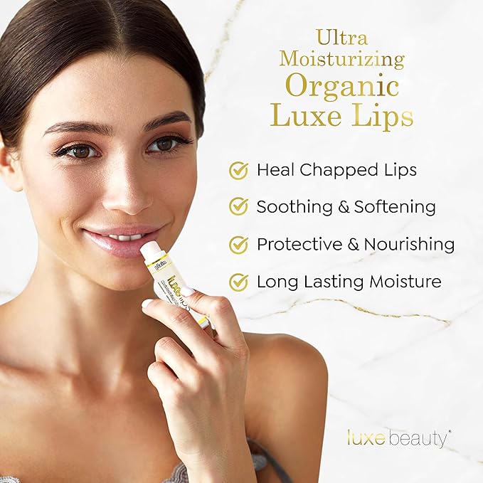 Luxe Beauty No-Beeswax, No-Petroleum Organic Lip Moisturizer for Very Dry Lips - For Sun/Wind Damage, Dryness & Chapping Lip Care – 4-Pack Hydrating Lip Care Products That Work Over/Under Lipstick