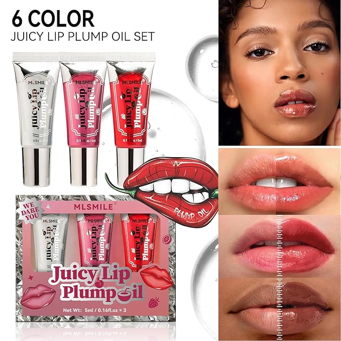 Lip Plumper Gloss 3 Colors Set, Spicy Natural Roll On Lip Plumping Oil and Pout Lip Plumper, Lifter Gloss, Enhancer for Fuller Booster Balm Moisturizing Hydrating & Nourishing Lip Glaze(A)