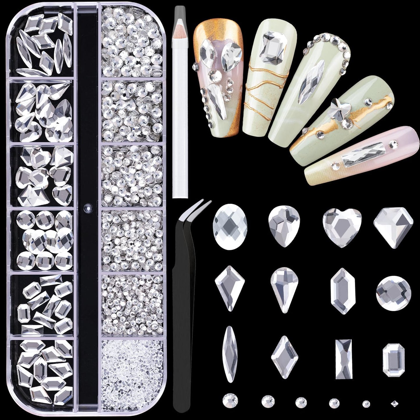 2060Pcs Silver Clear Nail Rhinestones 60Pcs Multi Shapes Glass Flatback Nail Gems + 2000Pcs 1.5-4mm Round Crystal, Manicure Nail Charms Diamond Gemstones for Acrylic Nails Decoration