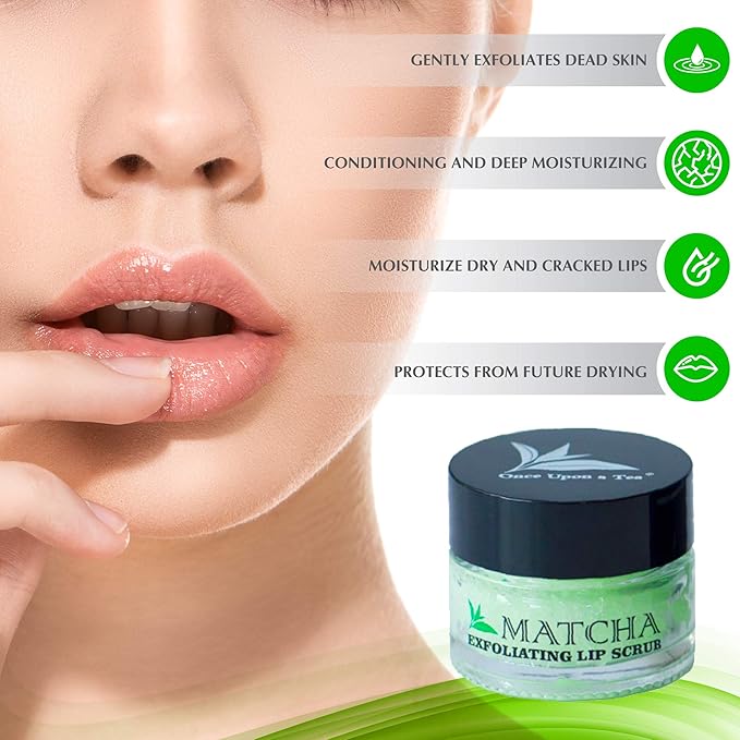 Exfoliating Green Tea Matcha Sugar Lip Scrub, Hydrating Treatment for Dry, Chapped & Cracked Lips, Best Peeling Solution For Plump, Younger Looking Lips, Lip Polish