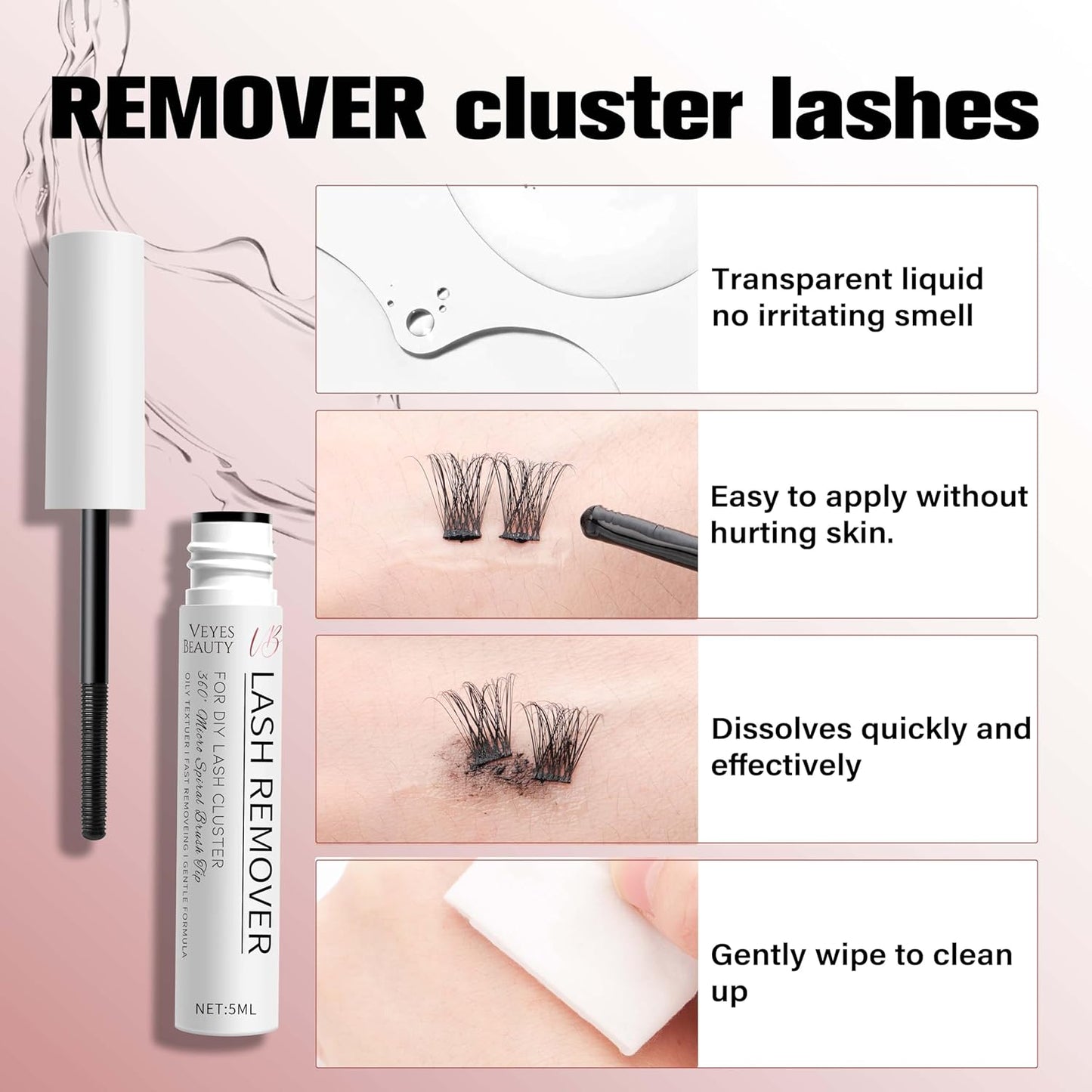 VEYESBEAUTY Cluster Lash Glue Remover 5ML Eyelash Remover for DIY Lash Extensions at home Clear Remover for Self-application Individual Lashes