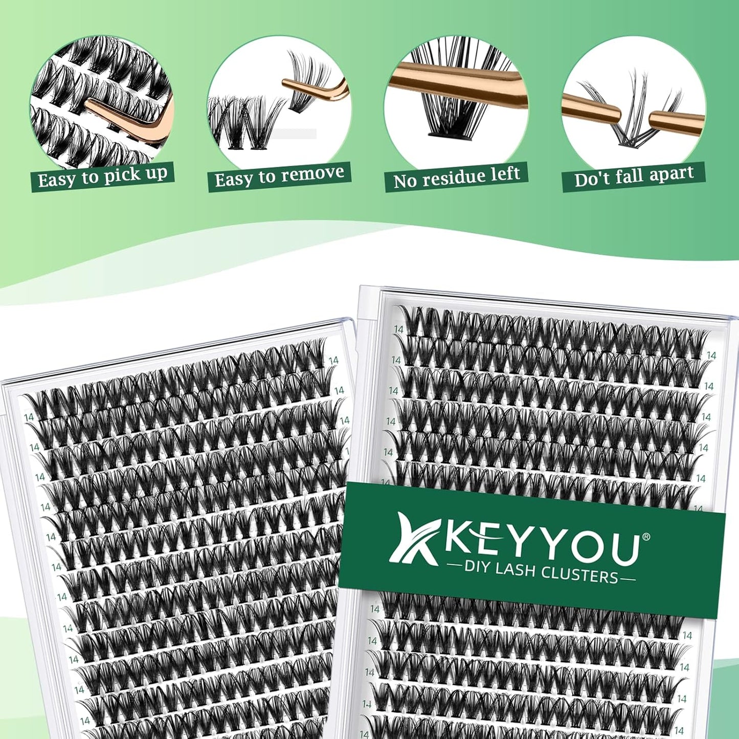 Lash Clusters 300pcs Individual Lashes 40D 0.07D Curl 14mm DIY Eyelash Extension KEYYOU Large Tray Volume Soft&Natural Eyelash Clusters(40D-0.07D,14）