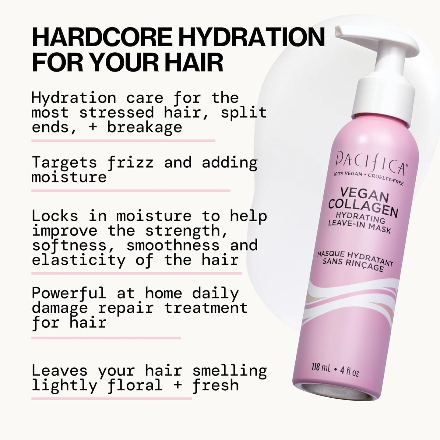 Pacifica Vegan Collagen Leave-In Repair Hair Mask – Leave-In Conditioner Treatment for Dry Damaged Hair, Hydrating Hair Repair Mask to Strengthen, Reduce Breakage & Split Ends Vegan & Cruelty-Free 4oz