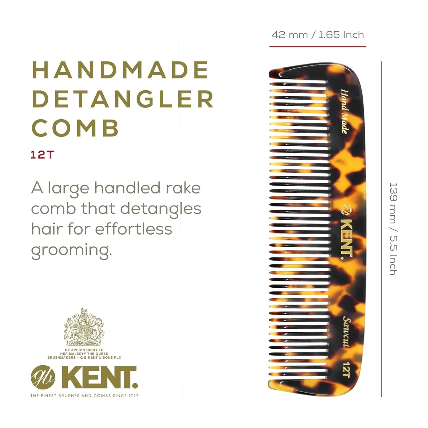 Kent 12T TY Wide Tooth Detangling Pocket Comb - Handmade for Thick, Curly, and Wavy Hair, Large Tooth Grooming Comb for Hair, Beard, and Mustache - Saw-Cut