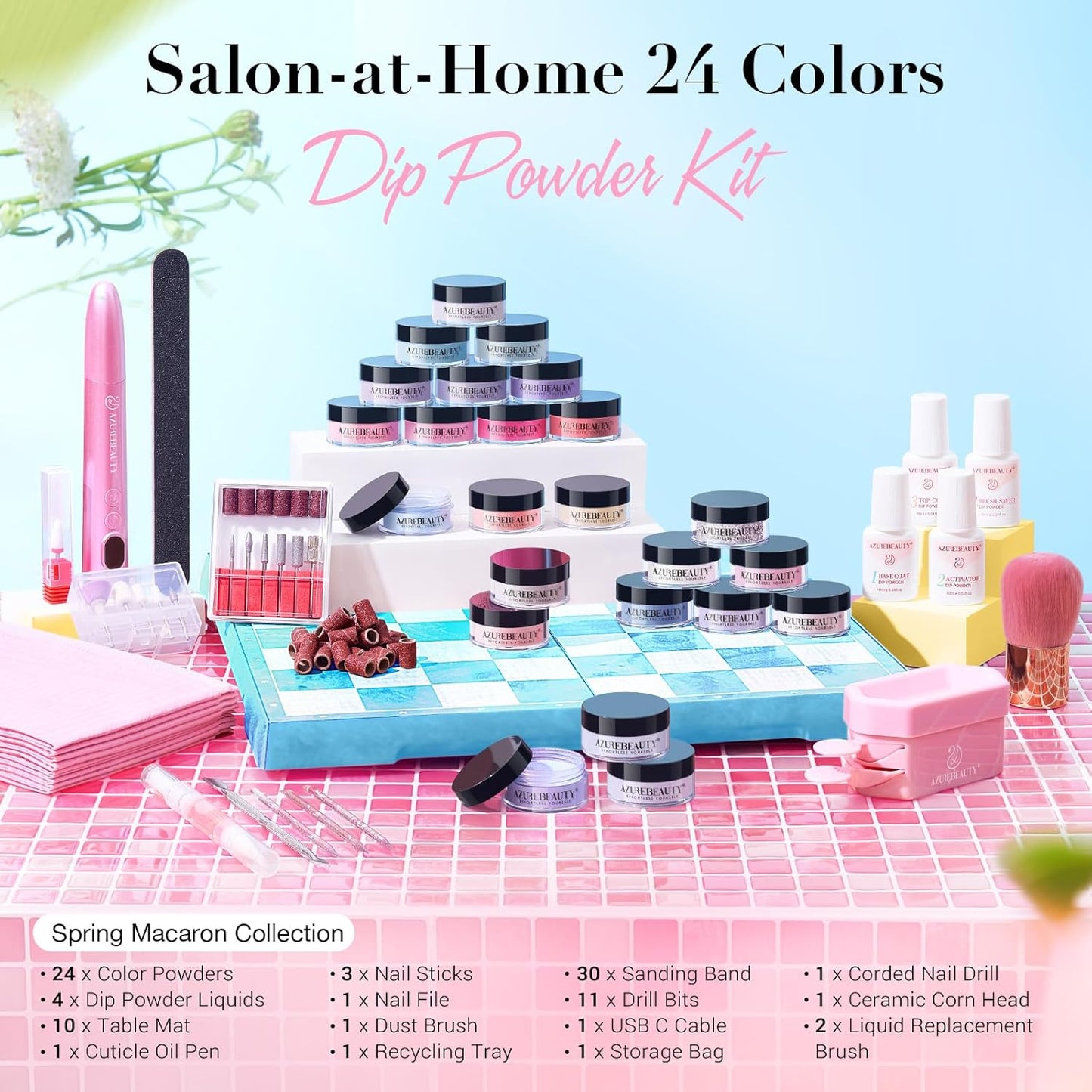 AZUREBEAUTY Dip Powder Nail Kit with Electric Nail Drill 24 Colors Pink Pastel Blue Purple Nails Starter Kit with Dip Liquids Base Top Coat Activator Portable Manicure French Nail Art Essential Set