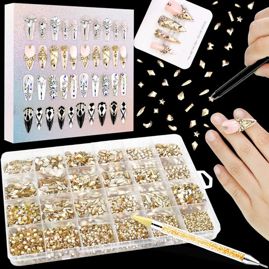 Dowarm 6000PCS Champagne Gold Nail Rhinestones, 16 Types of 800PCS Special-Shaped Diamonds + 5200PCS Flatback Rhinestones, 3D Glass Gemstones for Nail Crafts Decoration, Jewelry Gem Stones Charm