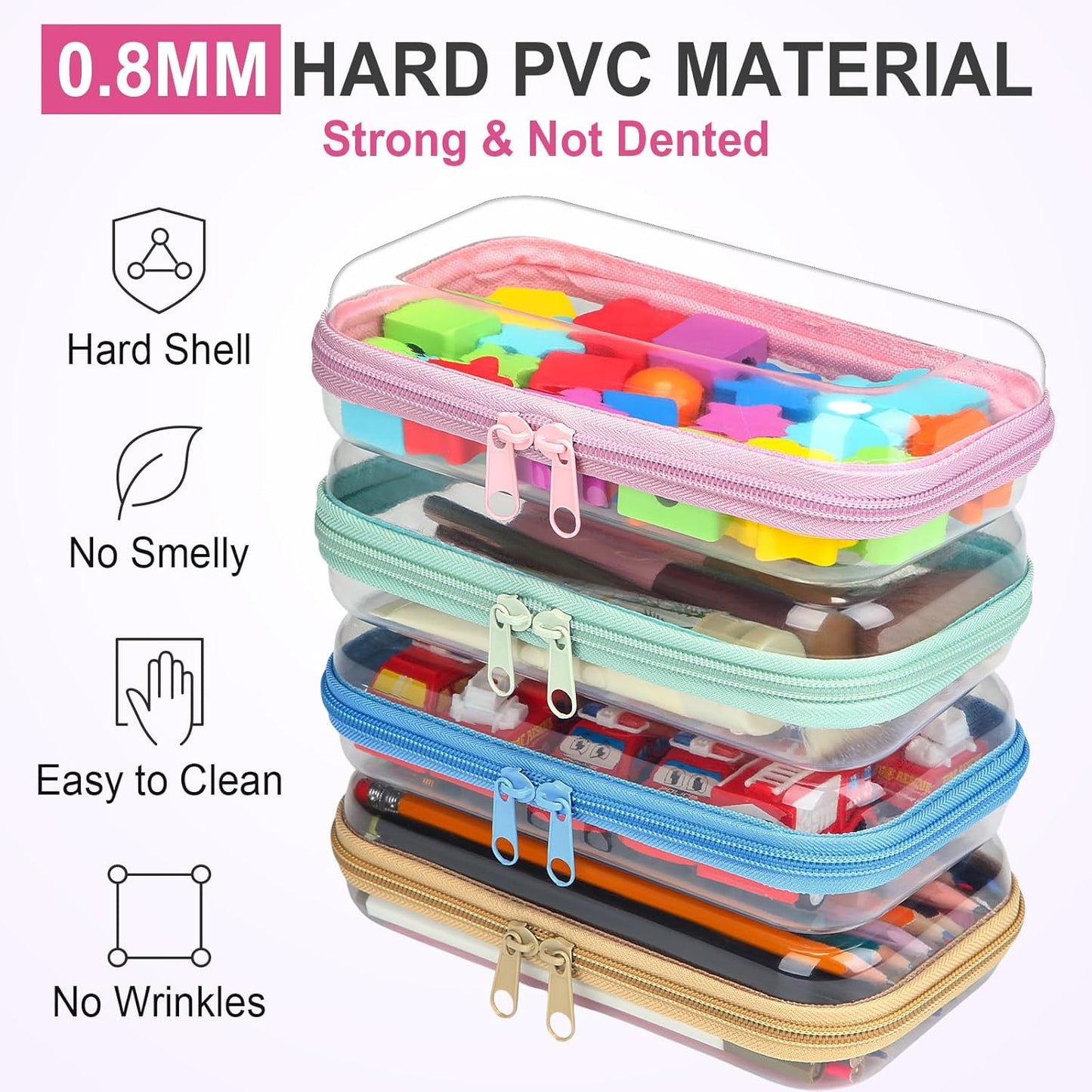 Hoolerry 4 Pcs Hard Clear Zipper Case Makeup Bags Plastic Pencil Pouch Transparent Storage Box Containers for Cosmetics, Snacks, Building Blocks, Puzzles(Soft Colors,7.5 x 3.9 x 2 in)