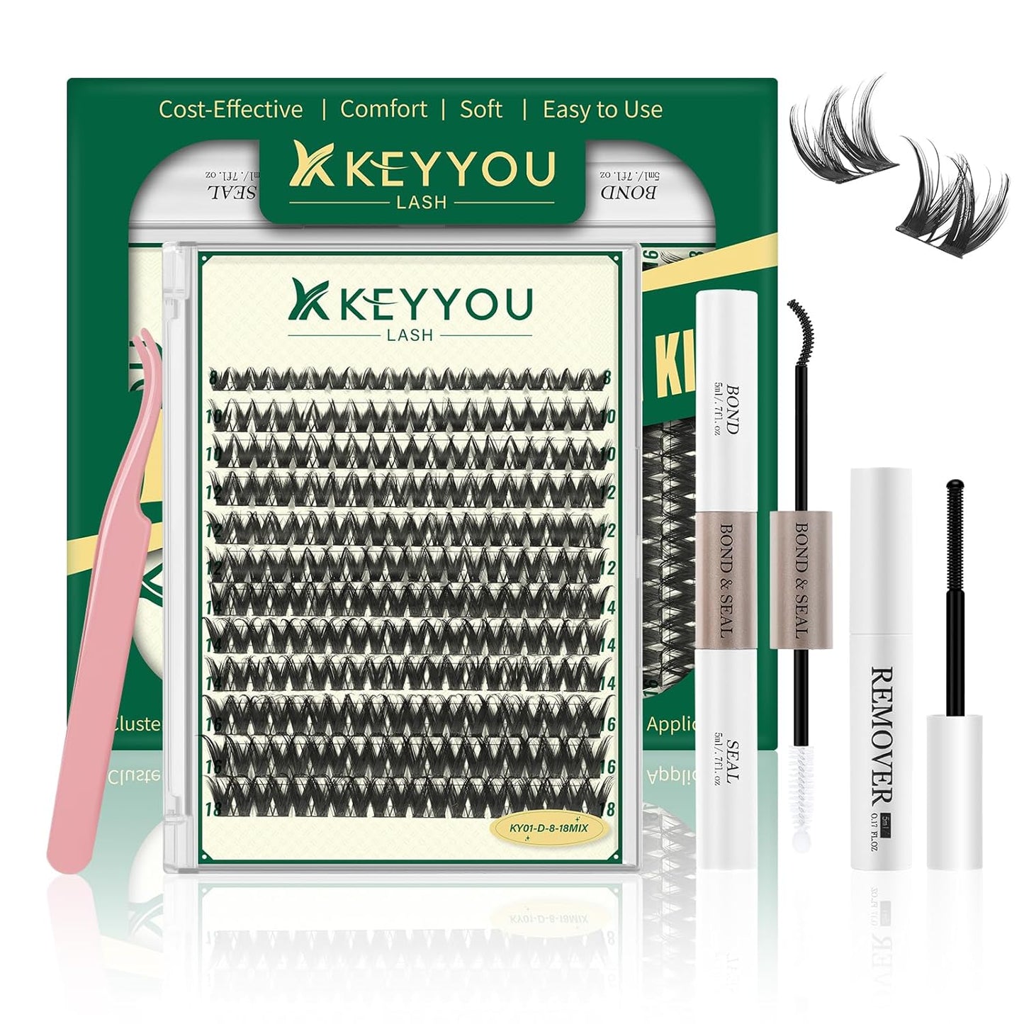 KEYYOULASH Lash Clusters Kit 120pcs 8-18MIX Lash Extension Kit Widespan Volume Lash Clusters with Bond and Seal,Remover,Applicators for DIY Eyelash Clusters at Home (KY01 Kit)