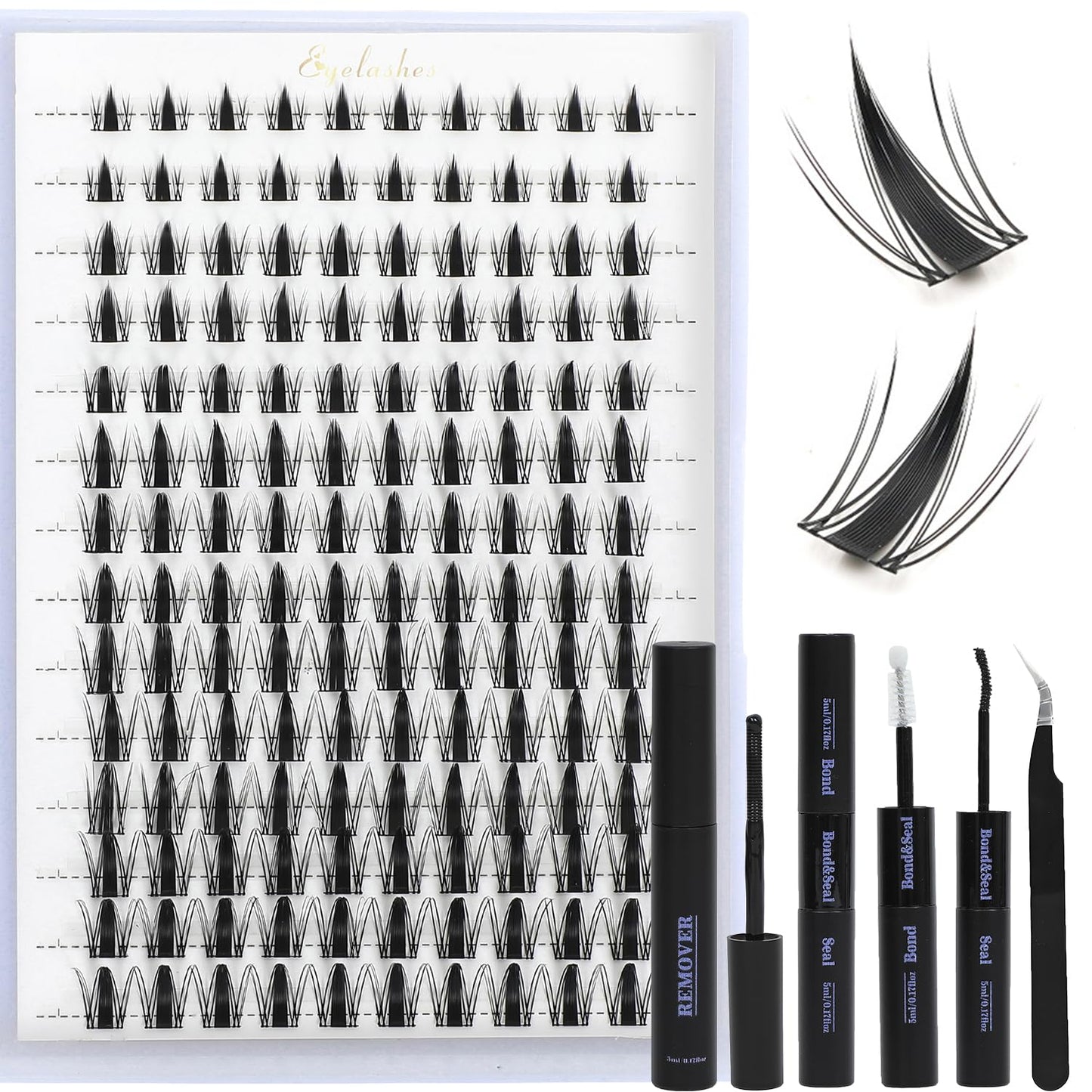 Lash Clusters Kit, Eyelash Clusters Individual Lash Extension Kit D Curl Fluffy Wispy False Eyelashes Extensions Thin Band with Bond Seal Tweezers Brush (SMY11 8-16mm)