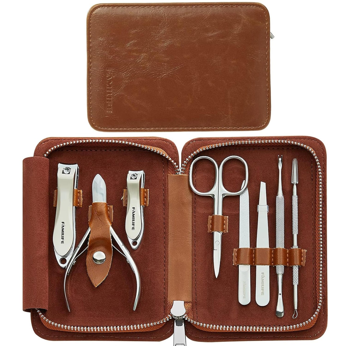 FAMILIFE Manicure Set, Nail Clippers Pedicure Tool, 8 pcs Stainless Steel Manicure Kit Professional Grooming Tool, Nail Kit with Portable Brown Leather Travel Case Luxury Gifts for Men