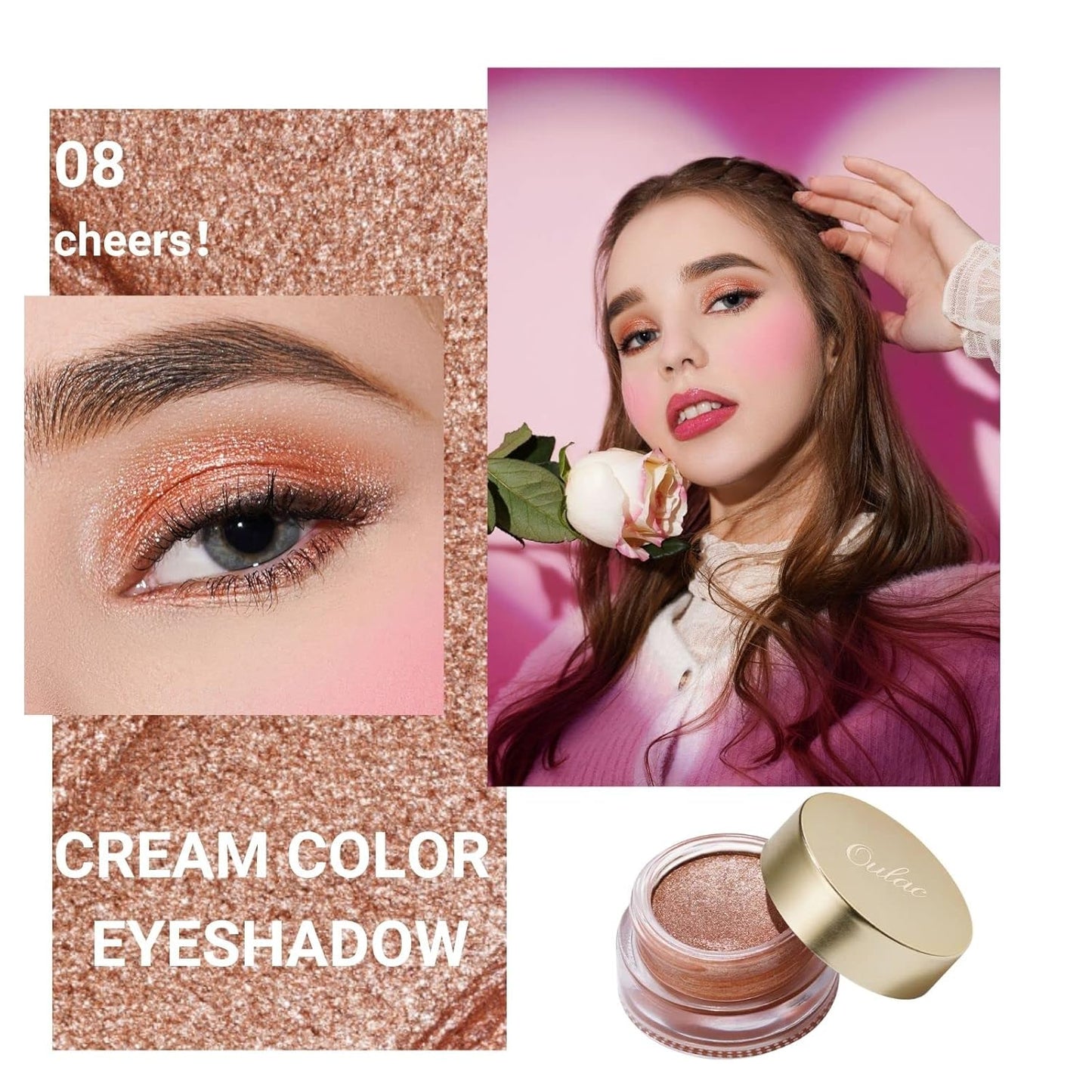 Oulac Warm Peach Glitter Cream Eyeshadow also as Highlighter, Large Capacity with Moisturizing Smooth Formula. Highly Pigmented Shimmer Eye Makeup.Waterproof,6g (08)