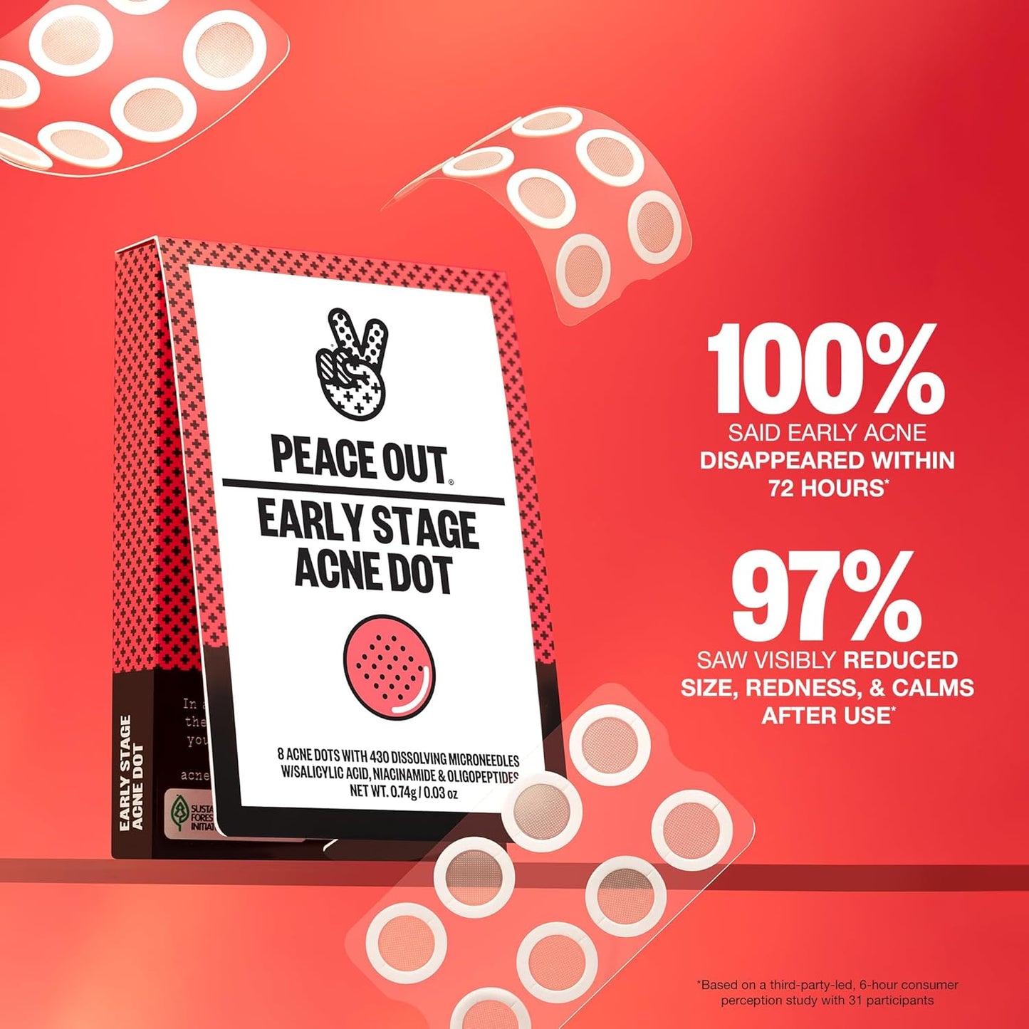 PEACE OUT Early Stage Acne Dots Helps Target Blemishes Below the Surface, Hydrocolloid Pimple Patches Minimize Bumps Before They Appear with Dissolving Microneedles, Salicylic Acid, 8 Count