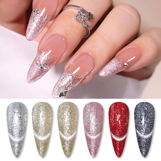 Double Rhythm 6 Colors Cat Eye Gel Polish Set Shimmer Glitter with Magnet Holographic Reflective Magnetic UV Nail Art Kit (6-Kit 32)