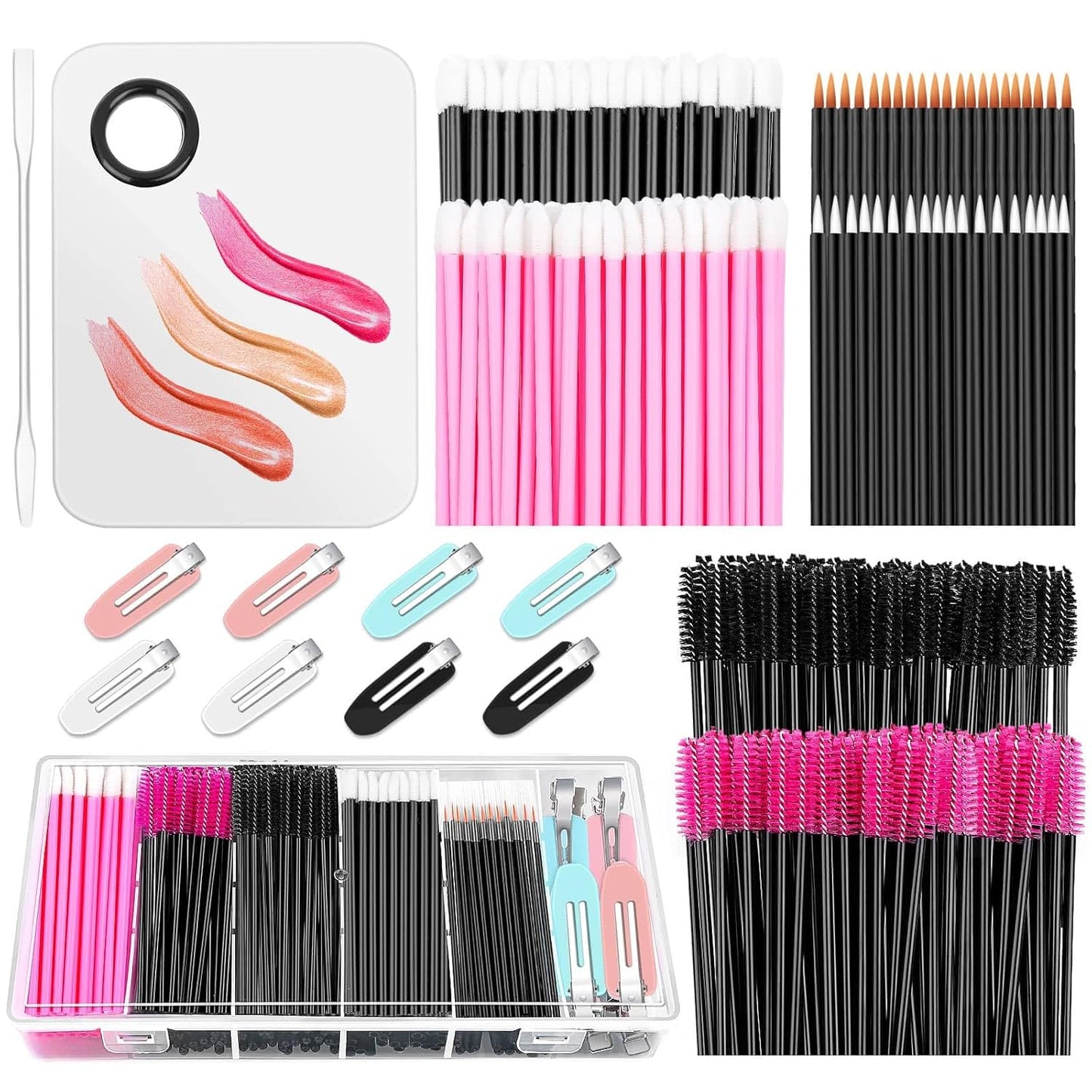 Shynek Makeup Mixing Tray with Disposable Accessories Kit - Mascara Wands, Lip Applicators, Hair Clips & Organizer Box