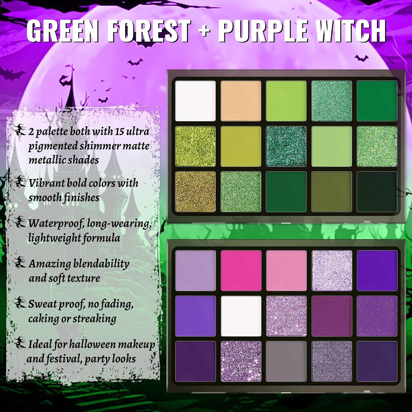 UCANBE 2pcs Eyeshadow Palette Makeup Set, Green Purple Color Shimmer Matte Metallic Eye Shadow Pallet with Soft Brush Eye Make Up Kit for Halloween Cosplay Costume Beetlejuice Medusa Poison Ivy Ursula