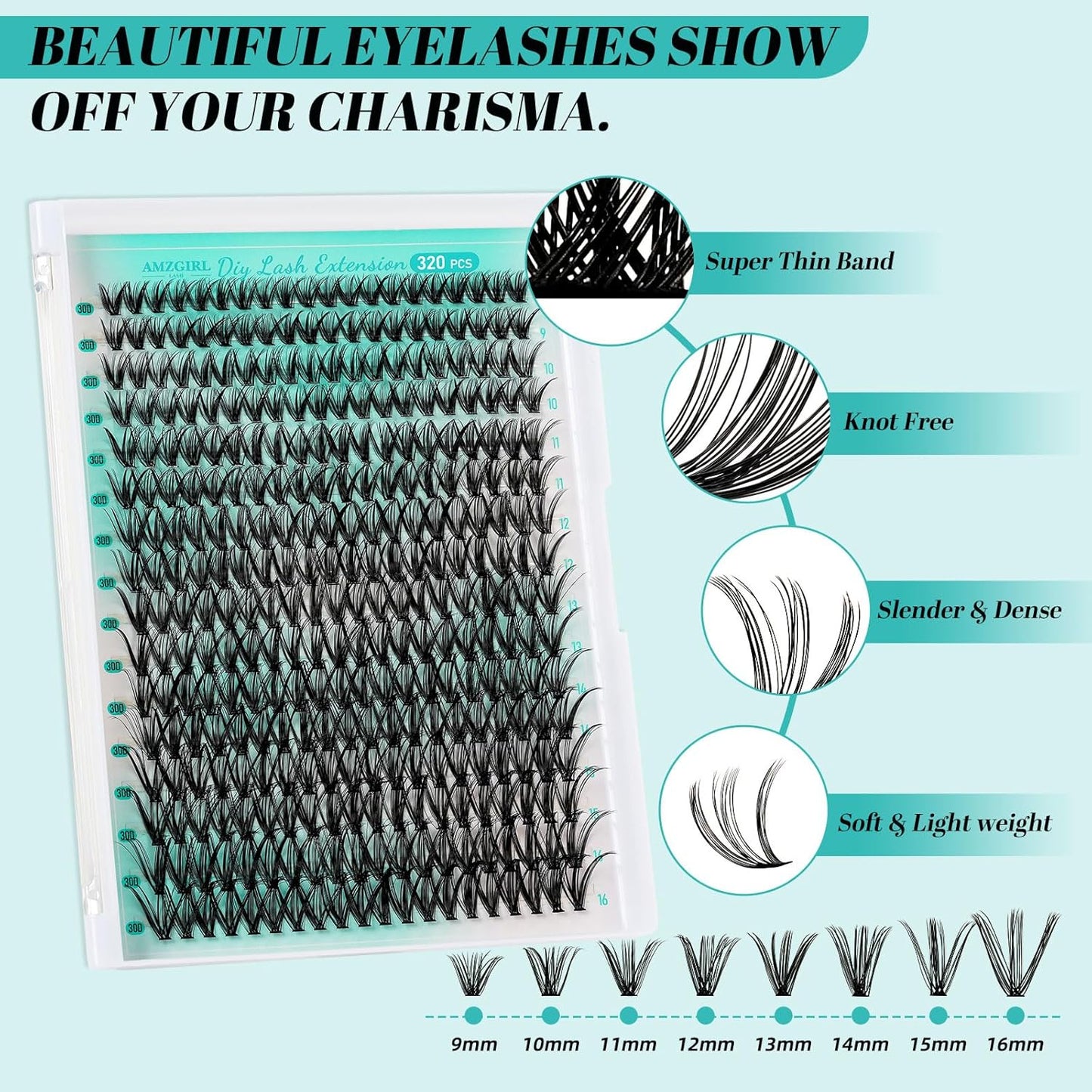 Lash Clusters Kit 320Pcs,30D Eyelash Extension Kit,Lash Bond and Seal Waterproof,Lash Remover for Individual Cluster Lashes Kit,Lash Applicator Tool for DIY Lash Extension Kit(D-Mix9-16mm Kit)