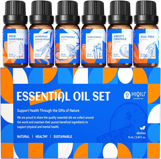 HIQILI Essential Oils for Diffusers for Home，Top 6 Gift Essential Oil Set，Include Lavender, Orange, Peppermint, Tea Tree, Eucalyptus, Lemongrass，Beginner Kit（10ML*6）