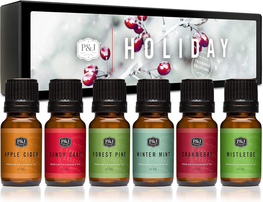 P&J Fragrance Oil Holiday Set | Mistletoe, Candy Cane, Wintermint, Apple Cider, Cranberry, and Forest Pine Candle Scents for Candle Making, Freshie, Soap Making Supplies, Diffuser Oil Scents