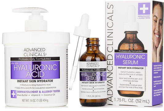 Advanced Clinicals Hyaluronic Acid Moisturizer Body Cream + Hyaluronic Acid Serum 2PC Skin Care Set | Face Serum & Body Lotion Help Diminish Appearance Of Wrinkles, Fine Lines, & Dry Skin, 2PC Bundle