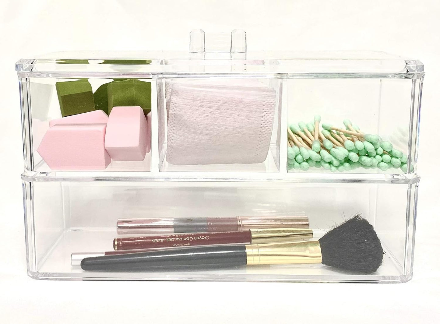 Square Acrylic Cotton Ball Pads Gauze Swab Holder Organizer Q-tip Dispenser Storage Canister Bathroom Container Flossers Box Case (9.3x3.7x5.1 in, 2 Tiers, 4 Partitions, Transparent)