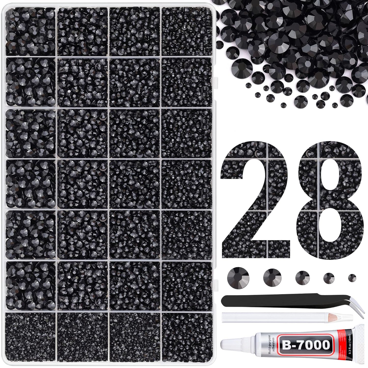 30000Pcs Resin Rhinestones for Bedazzling with Tweezers, Black Rhinestones for Crafting with B7000 Jewelry Glue for DIY Crafts Clothing Tumblers Shoes Fabric Nail Art