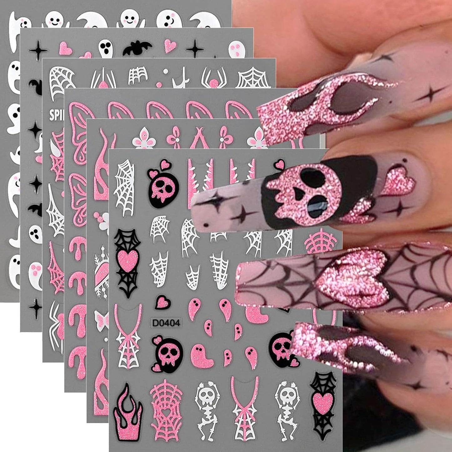 Halloween Nail Art Stickers Decals with Cute Ghost Skeleton Spider Web Bat Stars Love Flower Butterfly Design Glitter Nail Stickers DIY Festival Nail Decoration for Women Girls 6 Sheets