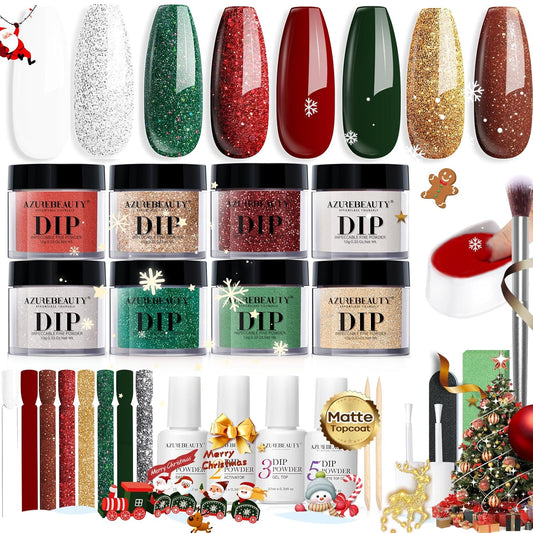 AZUREBEAUTY 30Pcs Dip Powder Nail Kit Starter, 8 Colors Green Red Gold Silver White with Nail Sticks, Nail Art Liquid Set with Matte/Base/Top Coat Activator for French Manicur