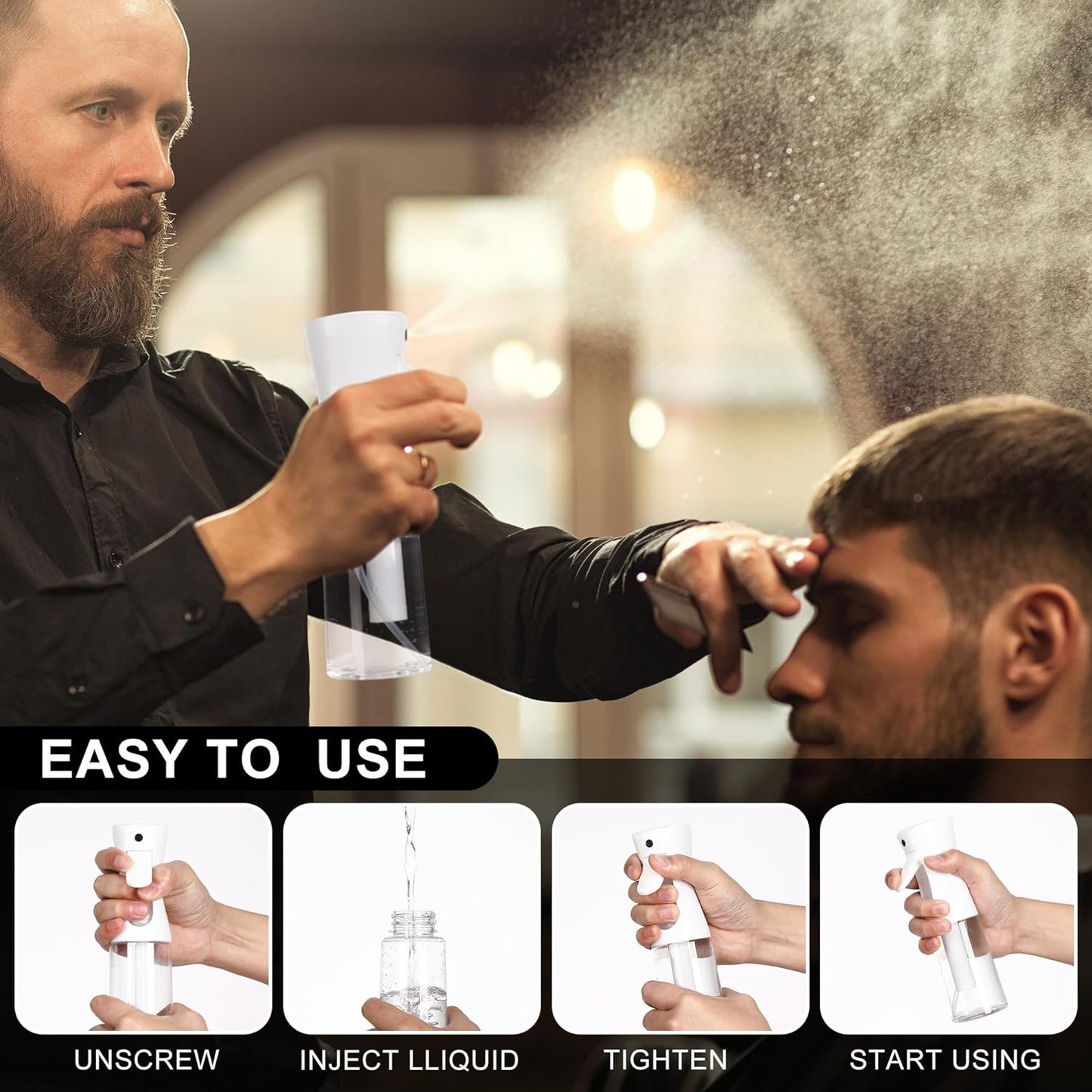 Spray Bottles For Hair, continuous spray bottle (200ml/6.8oz 2Pack) used for hair design, plants, cleaning, hair care and skin care, etc. – empty, reusable (Black&White)