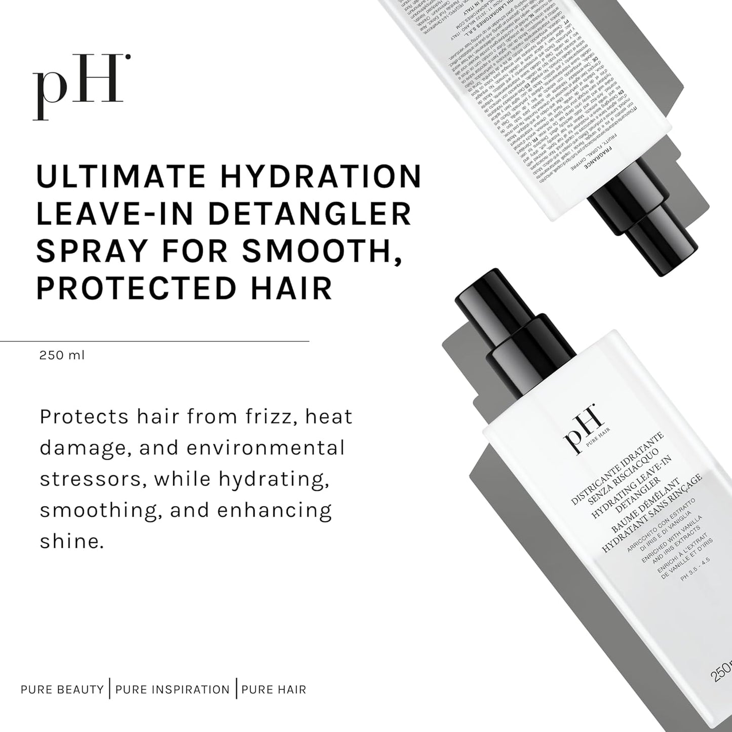 pH PURE HAIR Leave-In Detangler Spray – Curly Hair Detangler with Vanilla & Iris – Lightweight Curl Conditioner & Moisturizer for Shine, Frizz Control & Softness – Italian Luxury Hair Care - 8.45 Oz