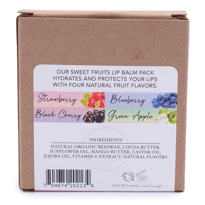 Lip Balm Sweet Fruits 4-Pack, Strawberry Blueberry Black Cherry Green Apple, Natural Beeswax, Moisturizing Lip Treatment, 4 Tubes, 0.15 oz., White