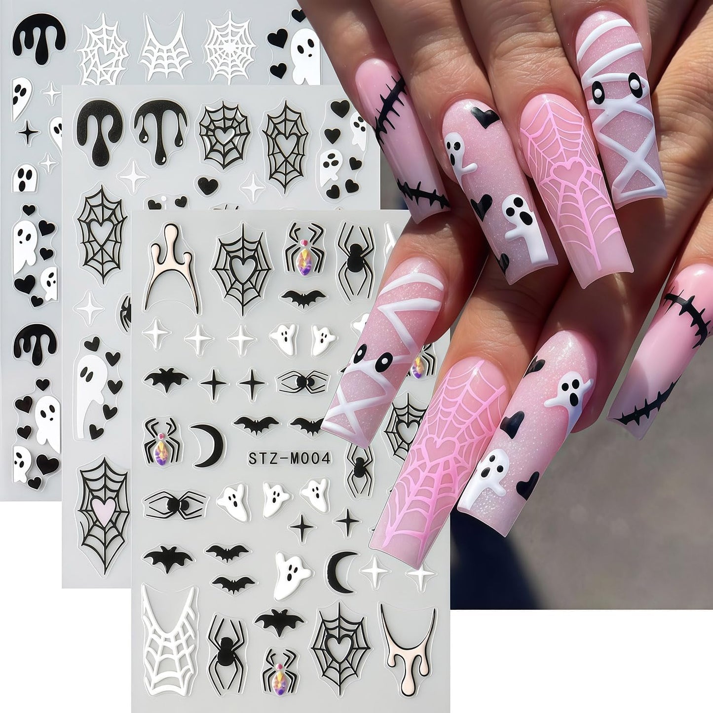 Halloween Nail Stickers 6 Sheets Bat Nail Stickers 3D Self-Adhesive Blood Spider Web Heart Spider Bat Nails Design Ghost Nail Decals Halloween Bats Ghost Sticker for Holiday DIY Manicure Decorate