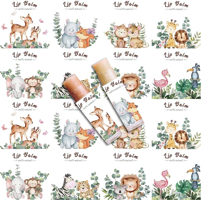 CRASPIRE 80Pcs 8 Styles Lip Balm Sticker Animals Self-Adhesive Cartoon Monkey Lion Homemade Lip Balm Containers Labels Vintage Square DIY Label Paper Sticker for Woman Cosmetics Lipsticks Decor