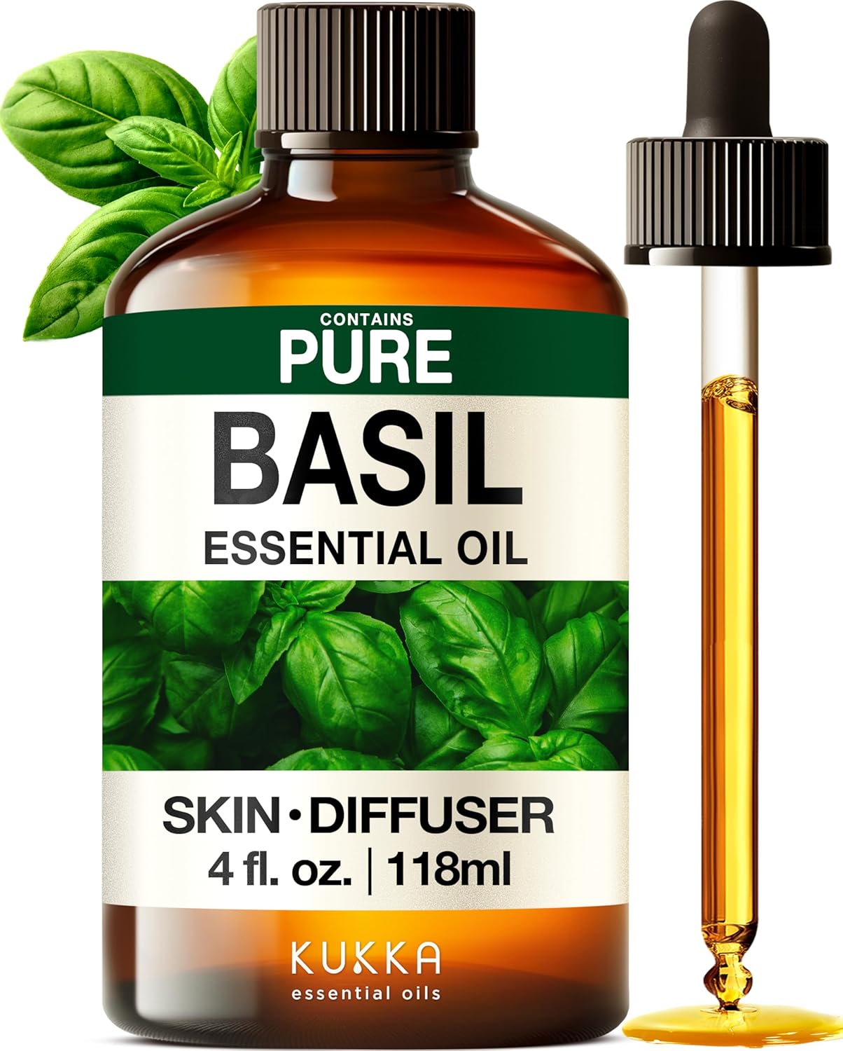 Kukka Basil Essential Oil for Diffusers - 4 Fl Oz - Basil Oil for Skin & Aromatherapy Scent Massage Candles, DIY Soap Making Scents