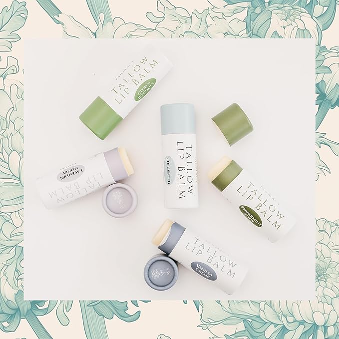 Organic Tallow Lip Balm (Unscented) from Grass Fed Cows. Super hydrating with Tallow, Olive Oil, Honey, and Beeswax. Sustainable Cardboard Tubes & Hand Filled. Jumbo Size 0.5 oz.