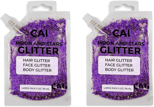 Face, Body & Hair Glitter Gel – Halloween Glitter for Kids and Women – 3 Oz Cosmetic-Grade Gel w/Moon & Stars for Festivals & Halloween Party, Easy Apply & Wash Off - Violet 2Pack