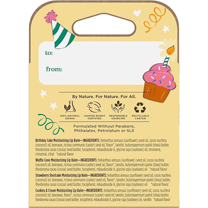 Burt's Bees Lip Balm Party Pack - Birthday Cake, Waffle Cone, Strawberry Shortcake, and Cookies & Cream, All Day Moisturizer, Tint-Free, Natural Origin Conditioning Lip Treatment, 4 Tubes, 0.15 oz.