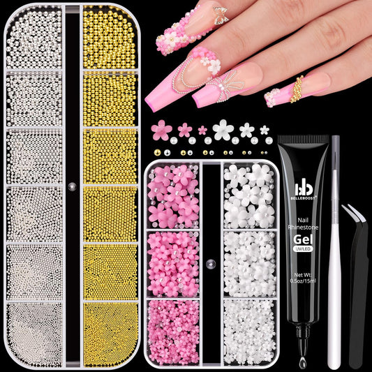 Metal Nail Beads (Silver+Gold), 3D Flowers With Rhinestones, Glue Gel for Art, Half Flatback Pearls (White), Blossom Pearl Charms and Round Caviar Beads for Manicure Decor