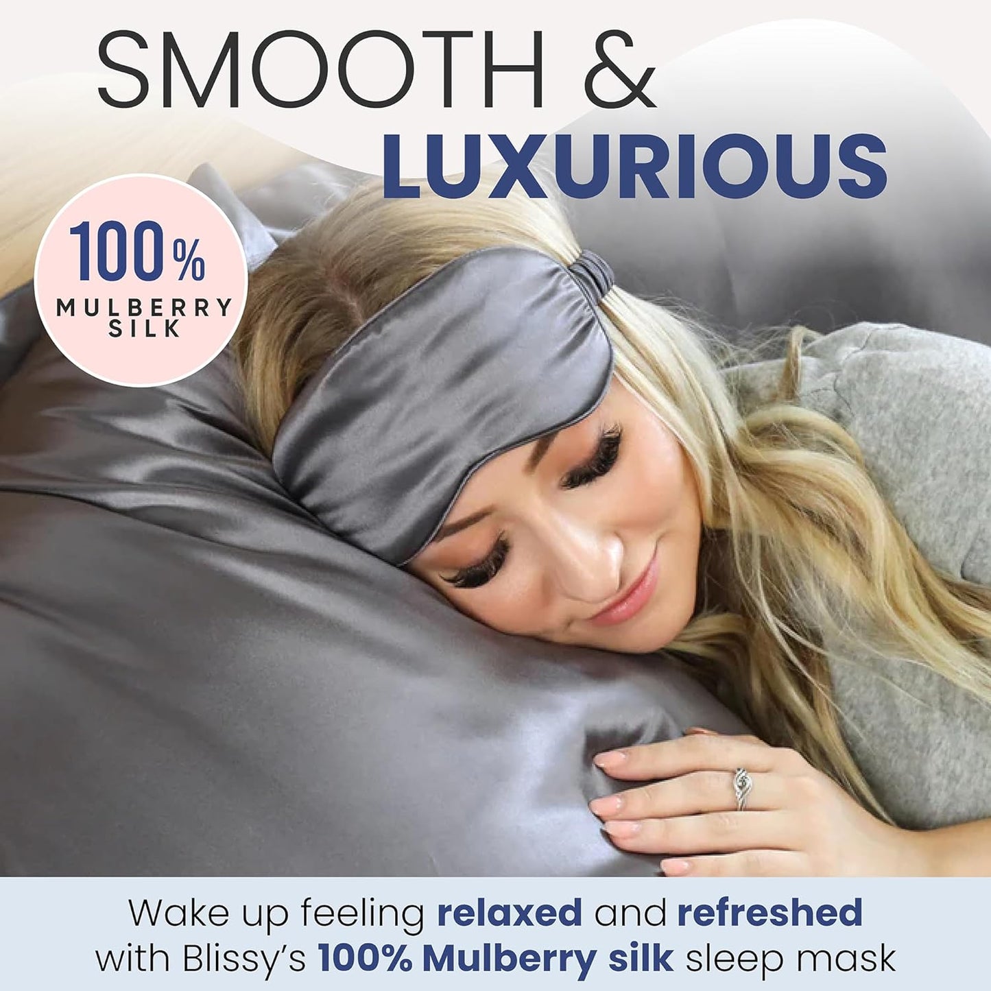 Blissy Silk Sleep Mask - Silk Eye Sleeping Mask for Women & Men for Total Blackout - 100% Pure Mulberry Silk, 22 Momme 6a Fibers - Blindfold Silk Sleep Mask Side Sleeper Eye Cover (Grey)