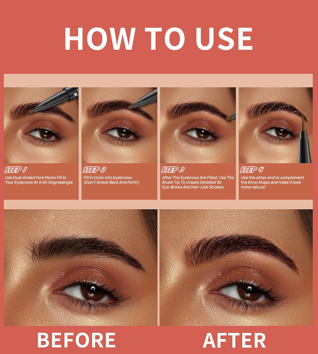 4-Fork Tip Microblading Eyebrow Pen With Brow Gel - 2-in-1 Waterproof Eyebrow Pencil, Long-Lasting Natural Hair-Like Brows, Smudge-Proof & Easy to Use (With Brow Gel 04#Black)