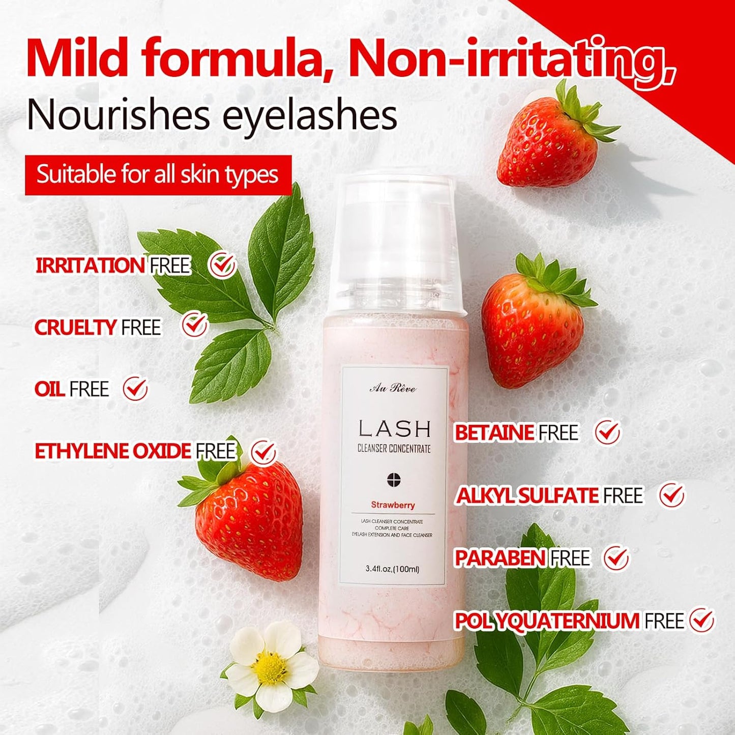 Lash Shampoo Concentrate 100ml Lash Extension Cleanser Oil-Free Eyelash Extension Shampoo with Salon Home Care -Makes 20 Bottles 60ml Eyelash Cleaner,Strawberry