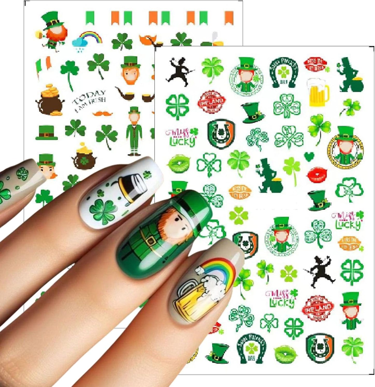 10 Sheets St. Patrick's Nail Art Stickers Green Shamrock 3D Self-Adhesive Four-Leaf Clover Nail Decoration Formal Hat Flag Nail Decals Lucky for Women Irish Spring Summer Design Manicure Decor