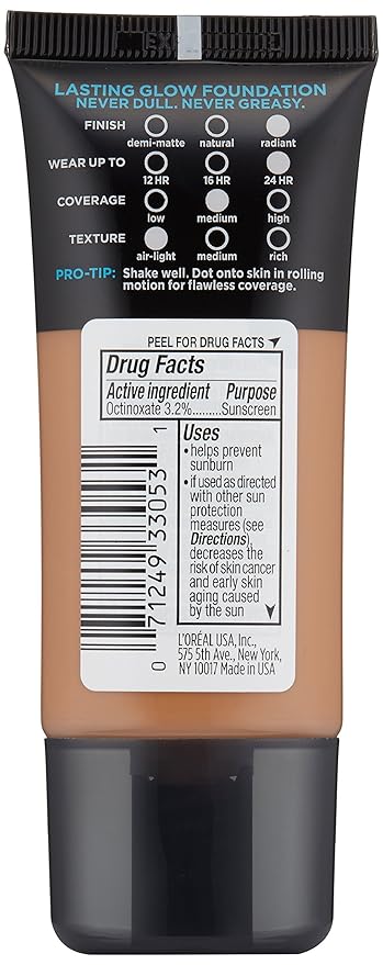 L'Oreal Paris Makeup Infallible Up to 24HR Pro-Glow Foundation, Creme Cafe, 1 fl oz.