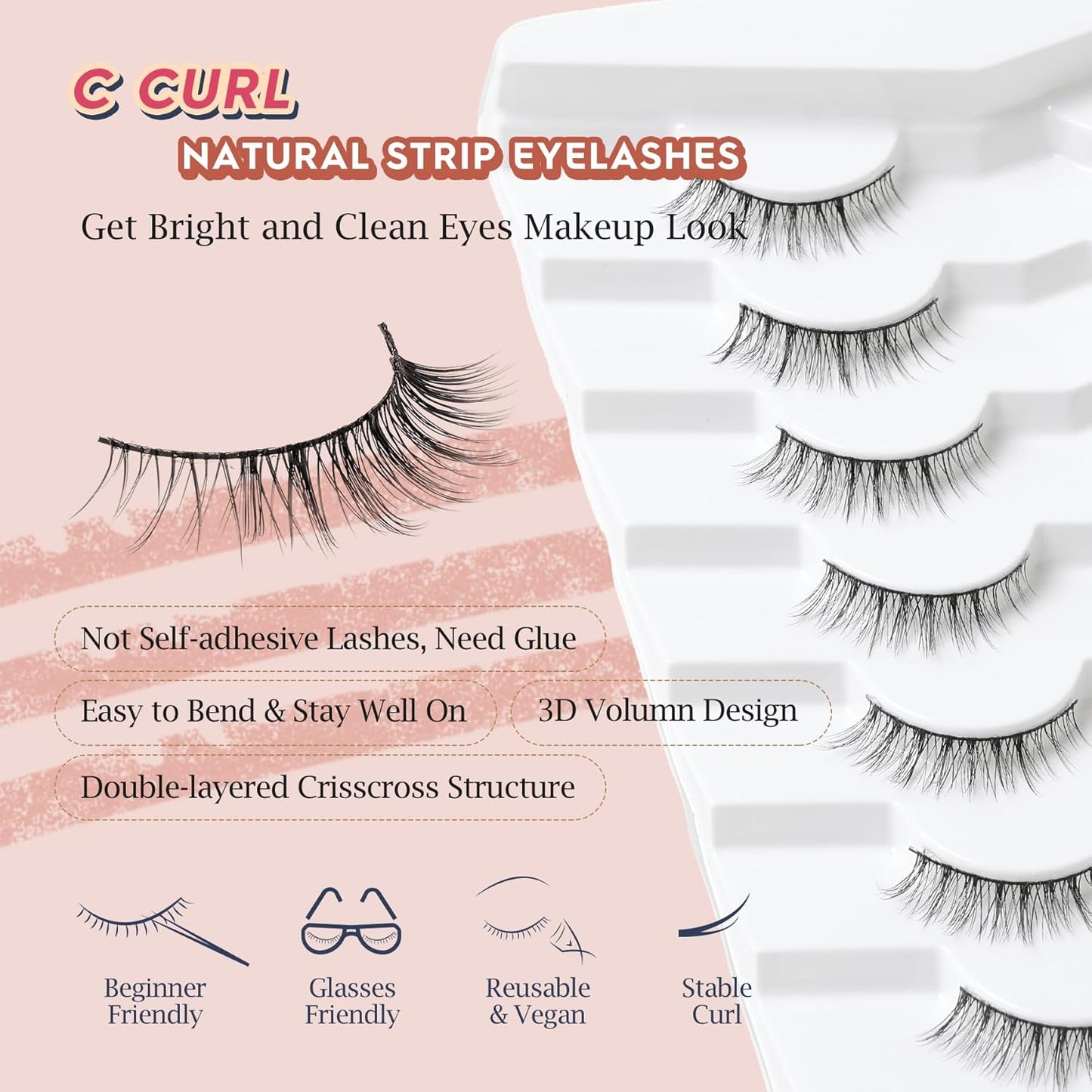Natural Lashes Wispy Eyelashes Natural Look Short Lashes Pack 12mm Eyelashes C Curl False Lashes Thinner Band 3D Volume Fake Eyelashes 7 Pair Siligli