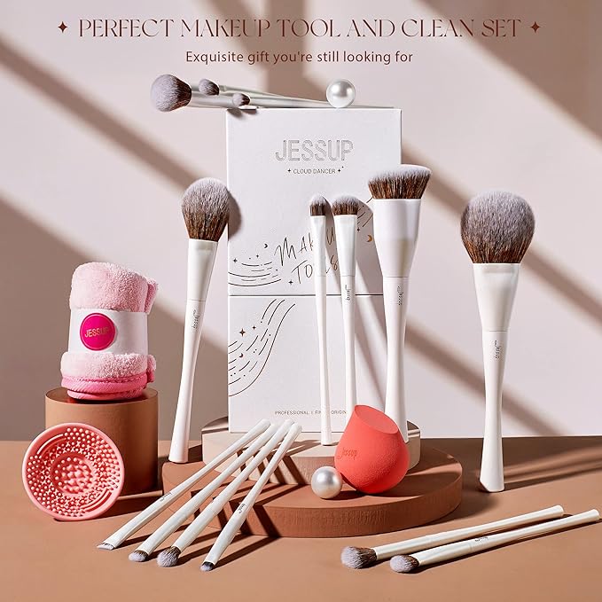 Jessup Makeup Brushes Set 14pcs Highend Makeup Gift Set for Women Include Foundation Concealer Blush Contour Powder Eye Shadow Brush, Makeup Sponge, Makeup Brush Cleaner and Towel, Pearl White T333