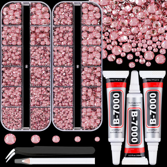 Resin Rhinestones for Crafting with B7000 Jewelry Glue, 2 Boxes Dark Pink Flatback Crystals with 3Pcs 10ml Glue for Bedazzling Crafts DIY Nail Art Makeup，Non Hotfix Gems for Clothing Shoes