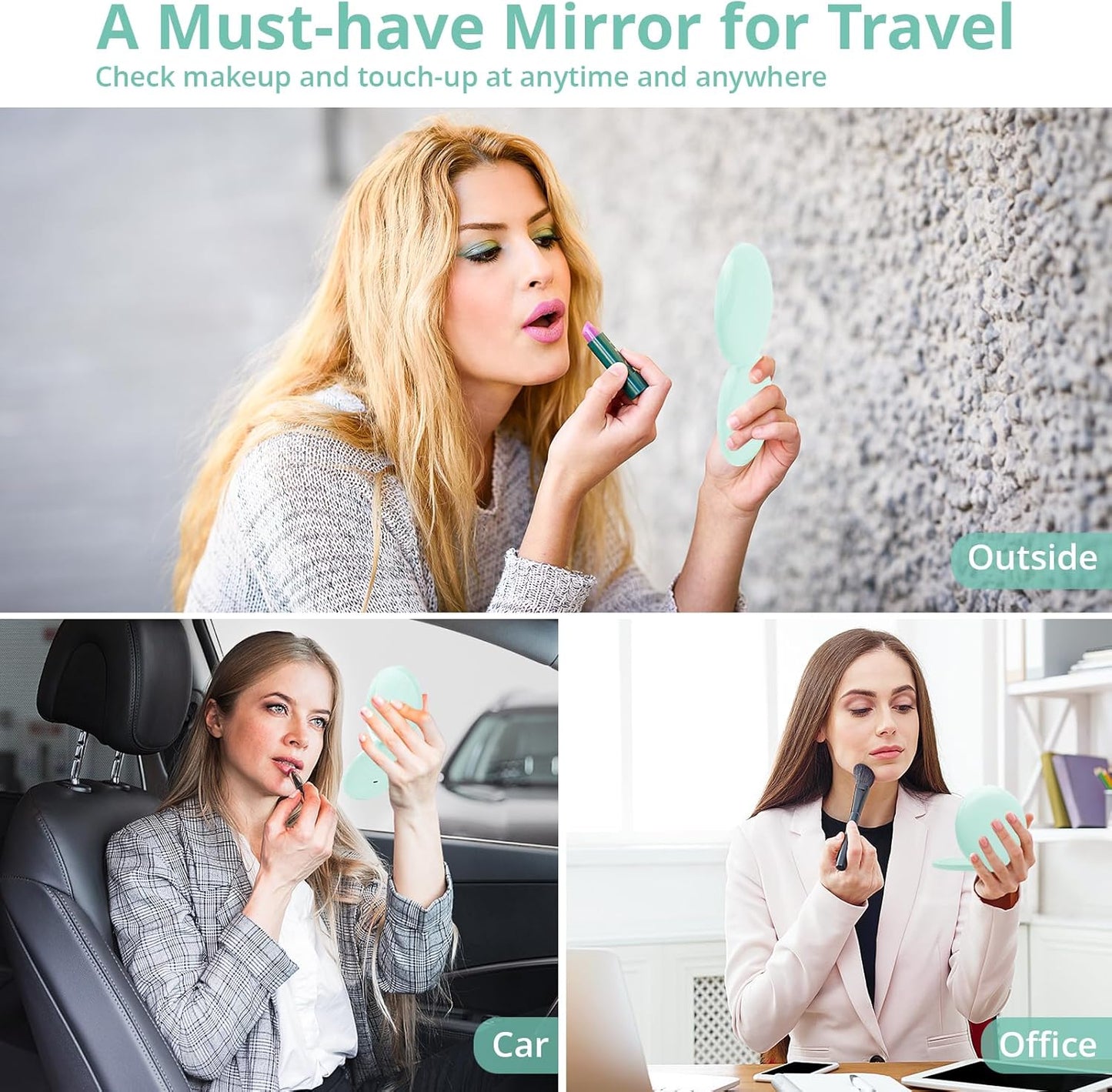Fabuday Travel Compact Magnifying Makeup Mirror with Lights - Large 4.8'' Wide Led Lighted Portable Mirror with 1x/20x Magnification, Rechargeable Small Foldable 3 Color Lighting Mirrors, Cyan