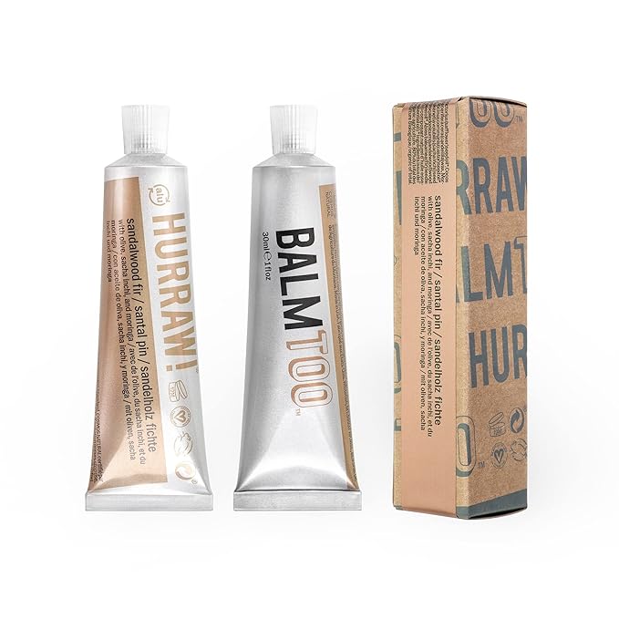 Hurraw! Balmtoo Squeezable Balm, Sandalwood Fir: Thick, ultra-moisturizing. Anywhere application. Body, face, lips, neck, fingers, toes. 1 tube = 7 sticks of lip balm. Natural, Organic. Made in USA